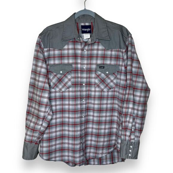 Wrangler Other - Wrangler Brushpopper Plaid Gray Red Pearl Snap Long Sleeve Shirt Men Size Large